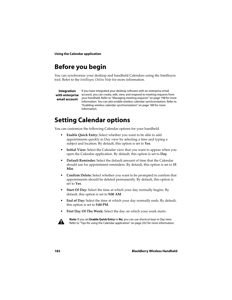 Before you begin, Setting calendar options, Before you begin setting calendar options | Blackberry 6720 User Manual | Page 182 / 277