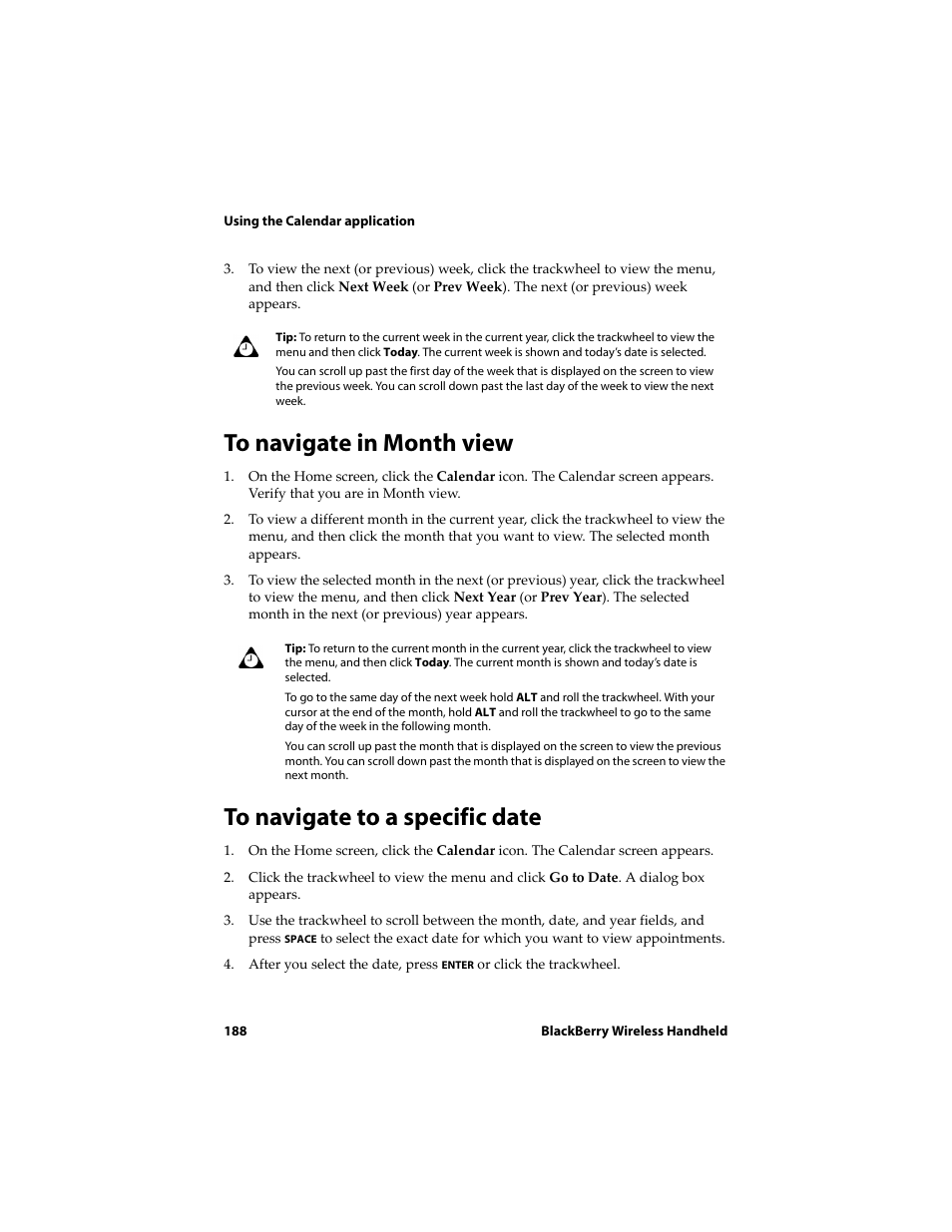 To navigate in month view, To navigate to a specific date | Blackberry 6720 User Manual | Page 188 / 277