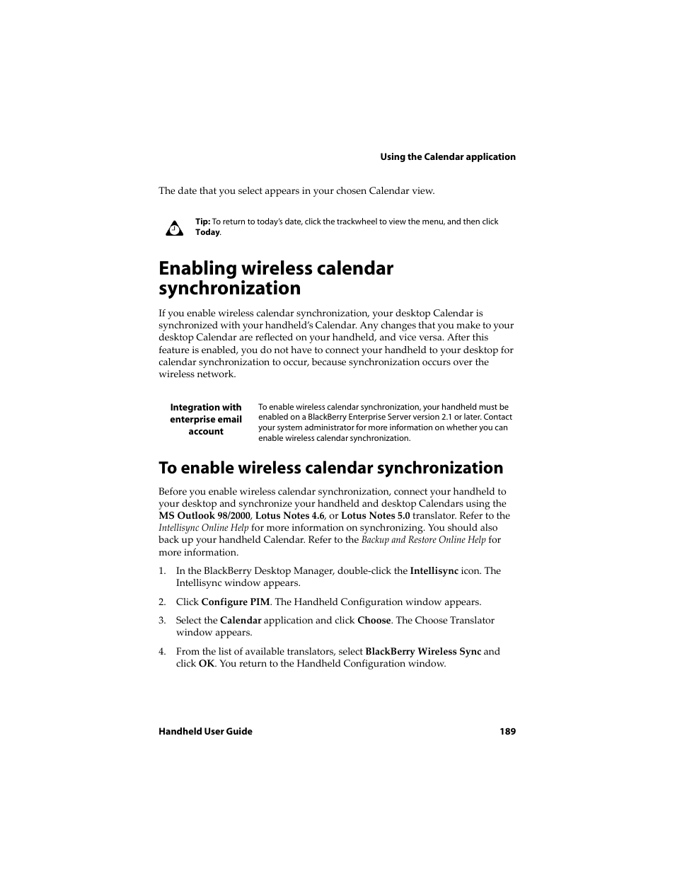 Enabling wireless calendar synchronization, To enable wireless calendar synchronization | Blackberry 6720 User Manual | Page 189 / 277