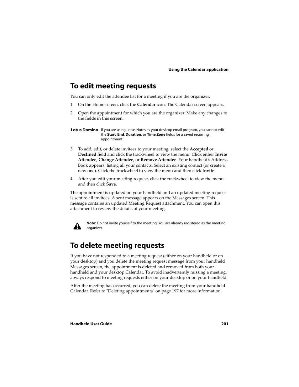 To edit meeting requests, To delete meeting requests | Blackberry 6720 User Manual | Page 201 / 277