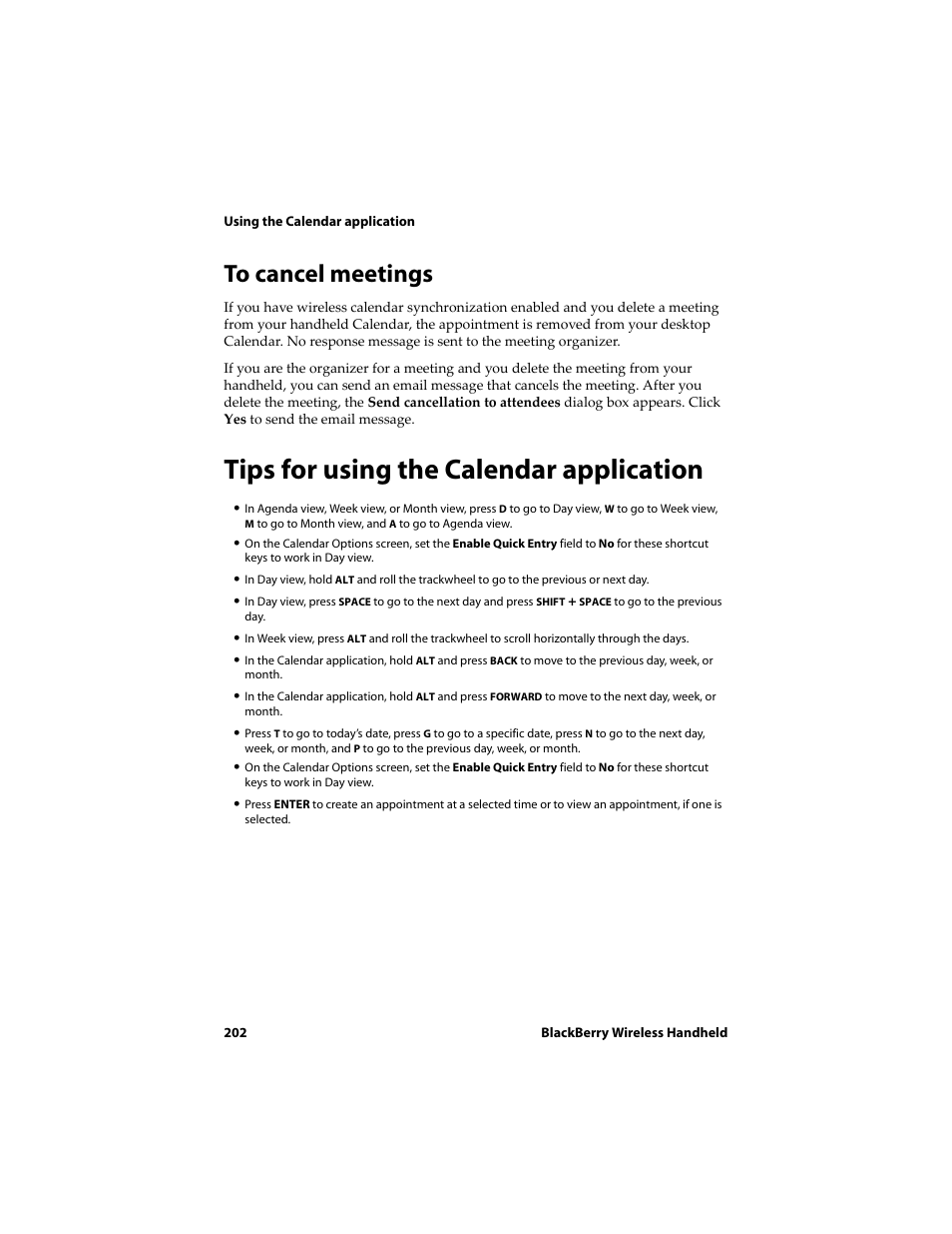 To cancel meetings, Tips for using the calendar application | Blackberry 6720 User Manual | Page 202 / 277