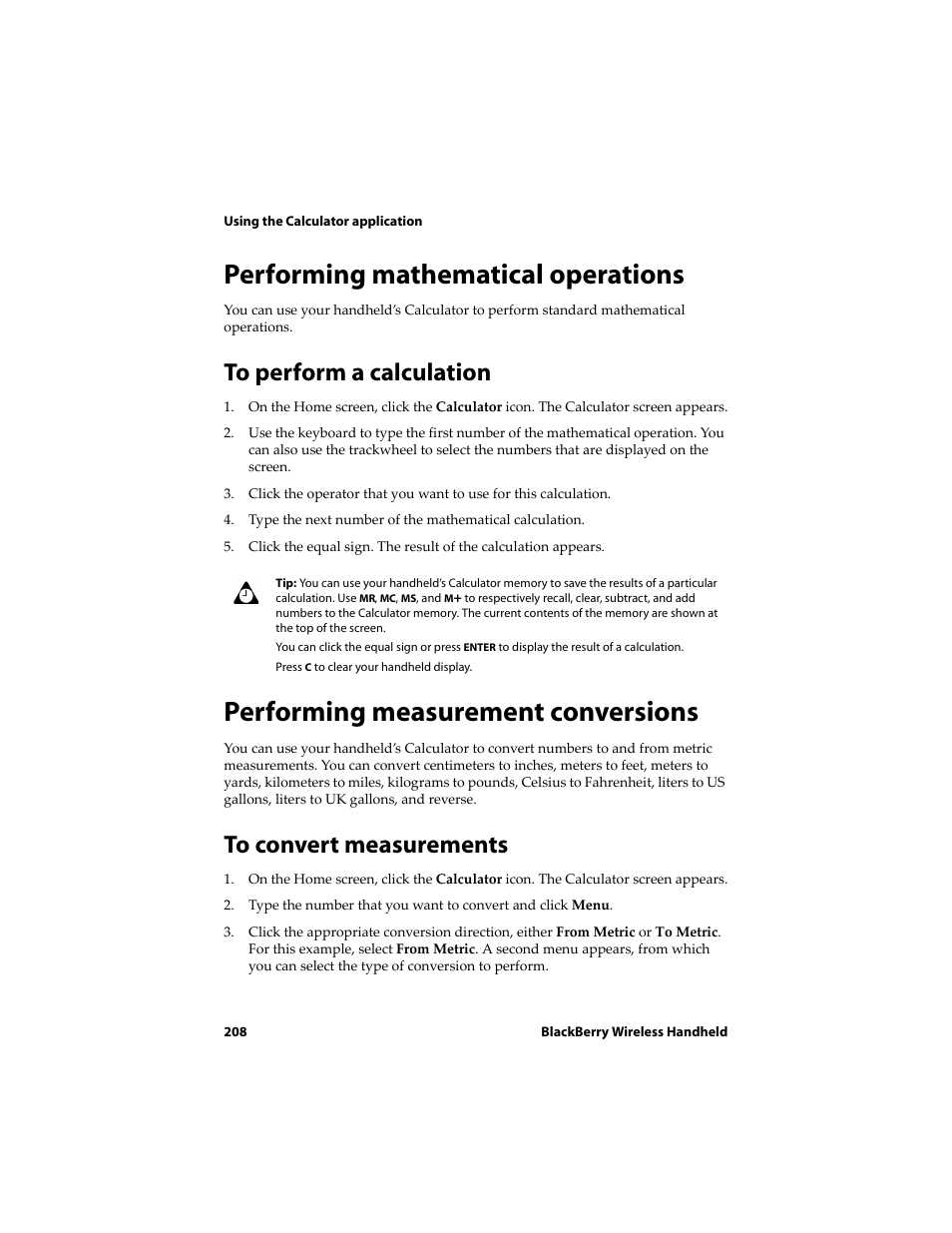 Performing mathematical operations, To perform a calculation, Performing measurement conversions | To convert measurements | Blackberry 6720 User Manual | Page 208 / 277