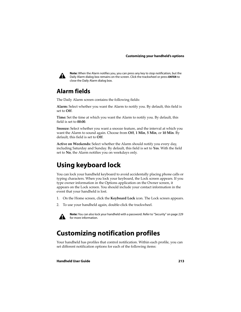 Alarm fields, Using keyboard lock, Customizing notification profiles | Blackberry 6720 User Manual | Page 213 / 277