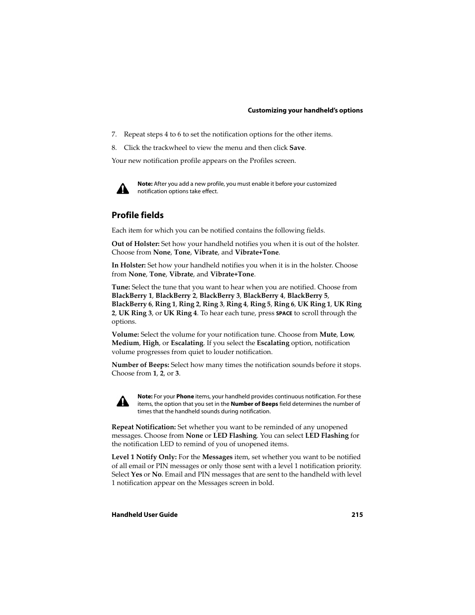 Profile fields | Blackberry 6720 User Manual | Page 215 / 277