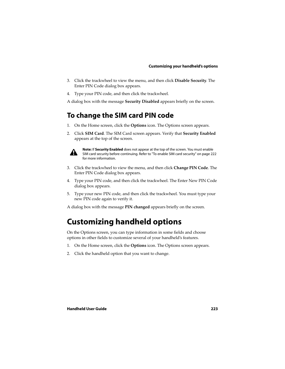 To change the sim card pin code, Customizing handheld options | Blackberry 6720 User Manual | Page 223 / 277