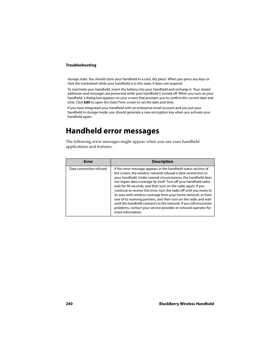 Handheld error messages | Blackberry 6720 User Manual | Page 240 / 277