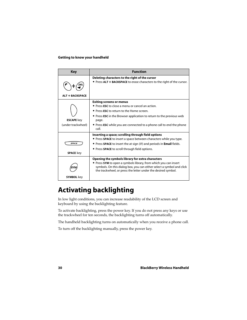 Activating backlighting | Blackberry 6720 User Manual | Page 30 / 277