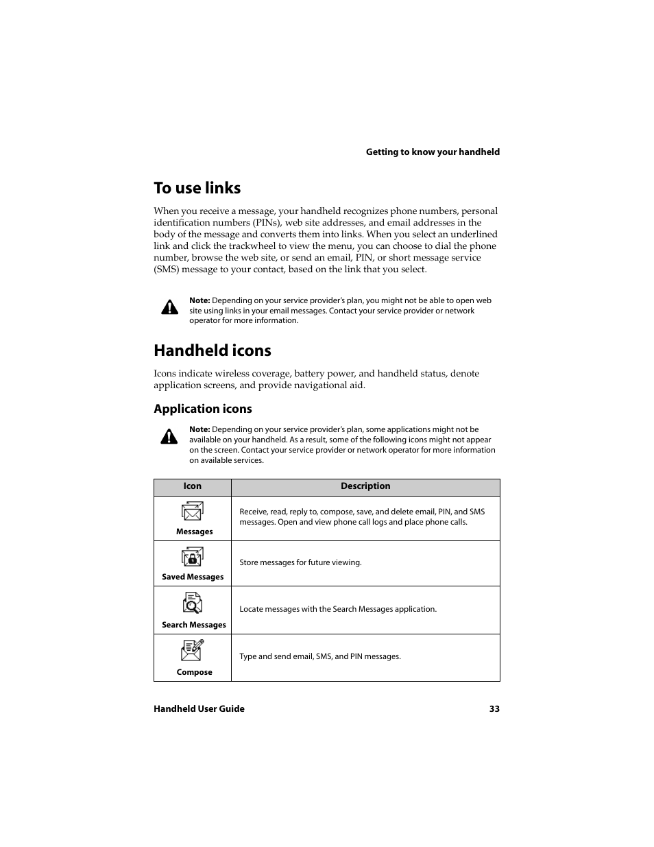 To use links, Handheld icons, Application icons | Blackberry 6720 User Manual | Page 33 / 277