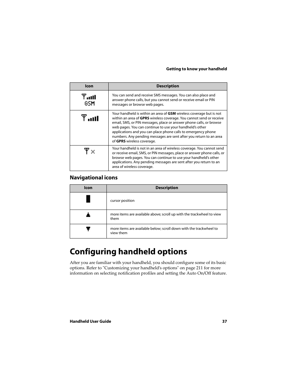 Navigational icons, Configuring handheld options | Blackberry 6720 User Manual | Page 37 / 277