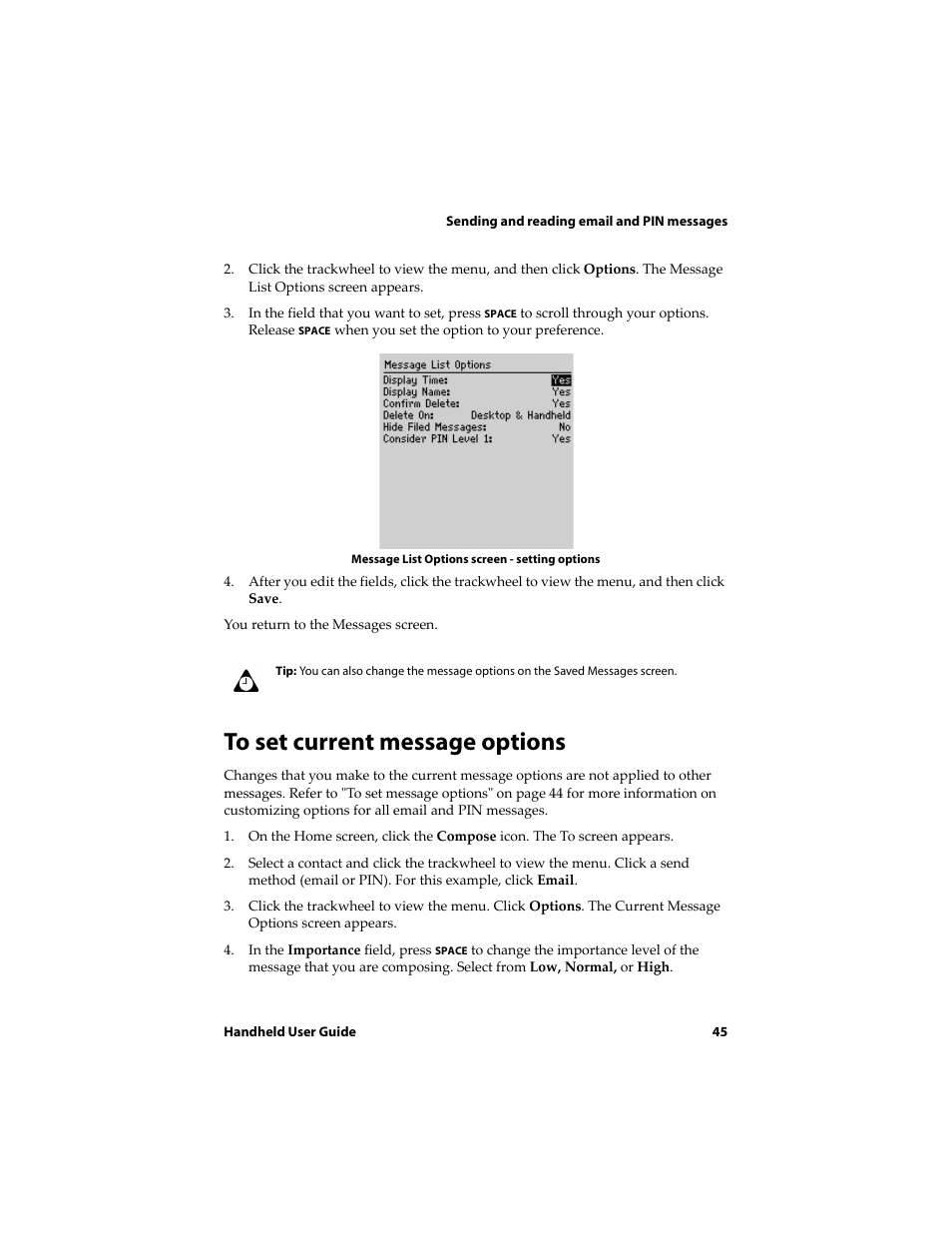To set current message options | Blackberry 6720 User Manual | Page 45 / 277