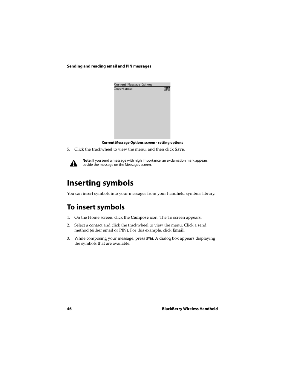 Inserting symbols, To insert symbols | Blackberry 6720 User Manual | Page 46 / 277