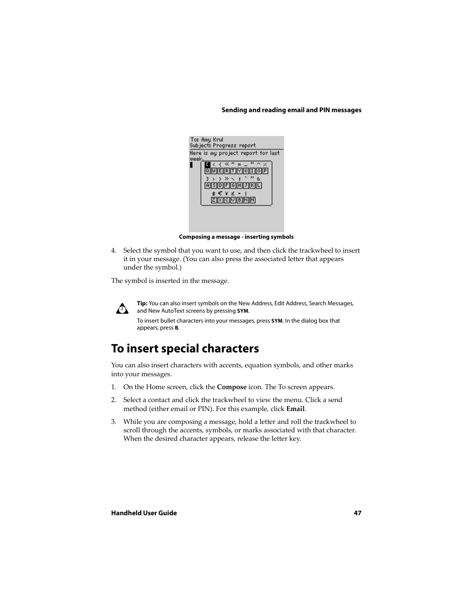 To insert special characters | Blackberry 6720 User Manual | Page 47 / 277