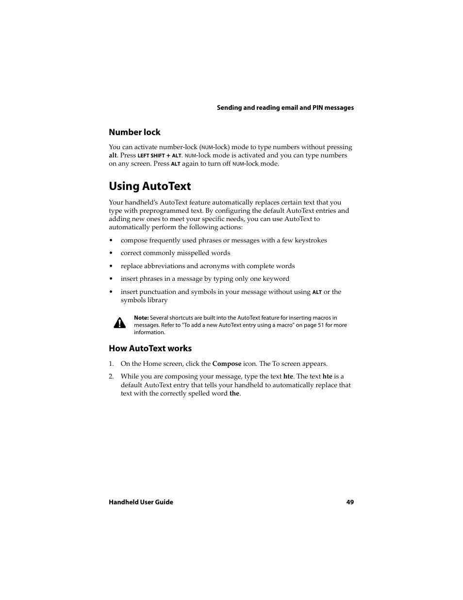 Number lock, Using autotext, How autotext works | Blackberry 6720 User Manual | Page 49 / 277