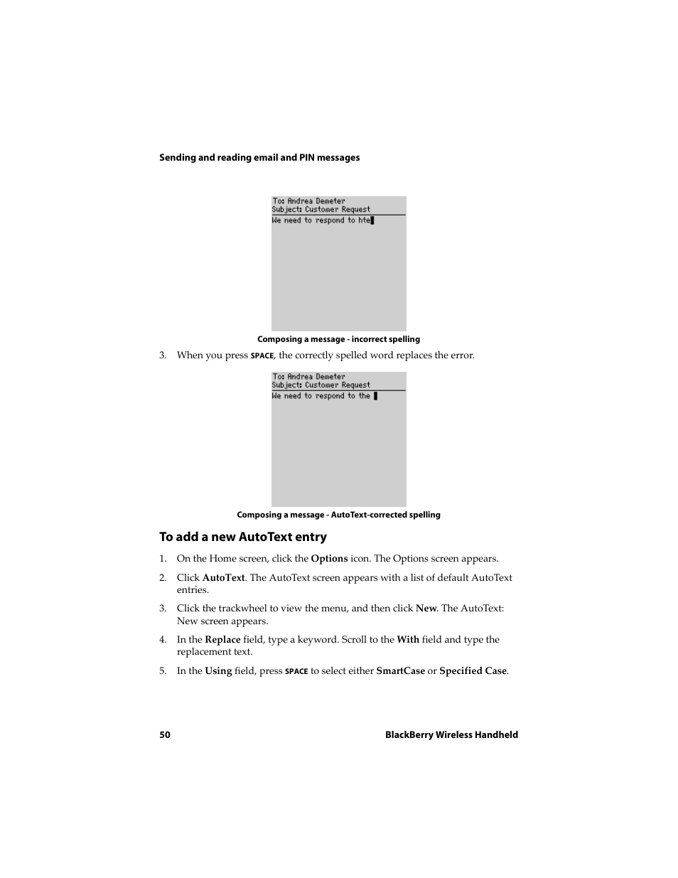 To add a new autotext entry | Blackberry 6720 User Manual | Page 50 / 277