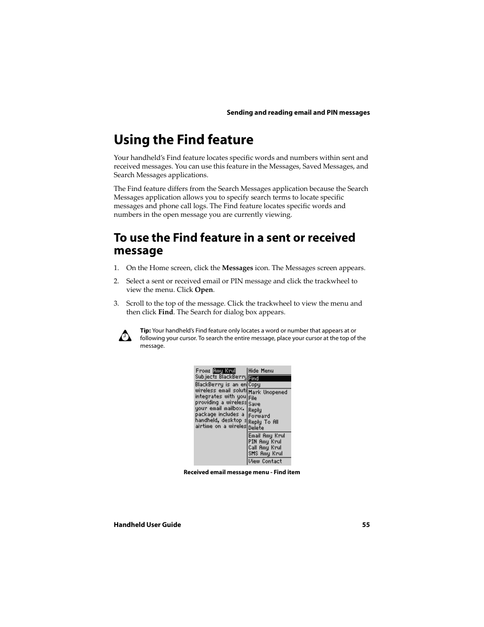 Using the find feature | Blackberry 6720 User Manual | Page 55 / 277