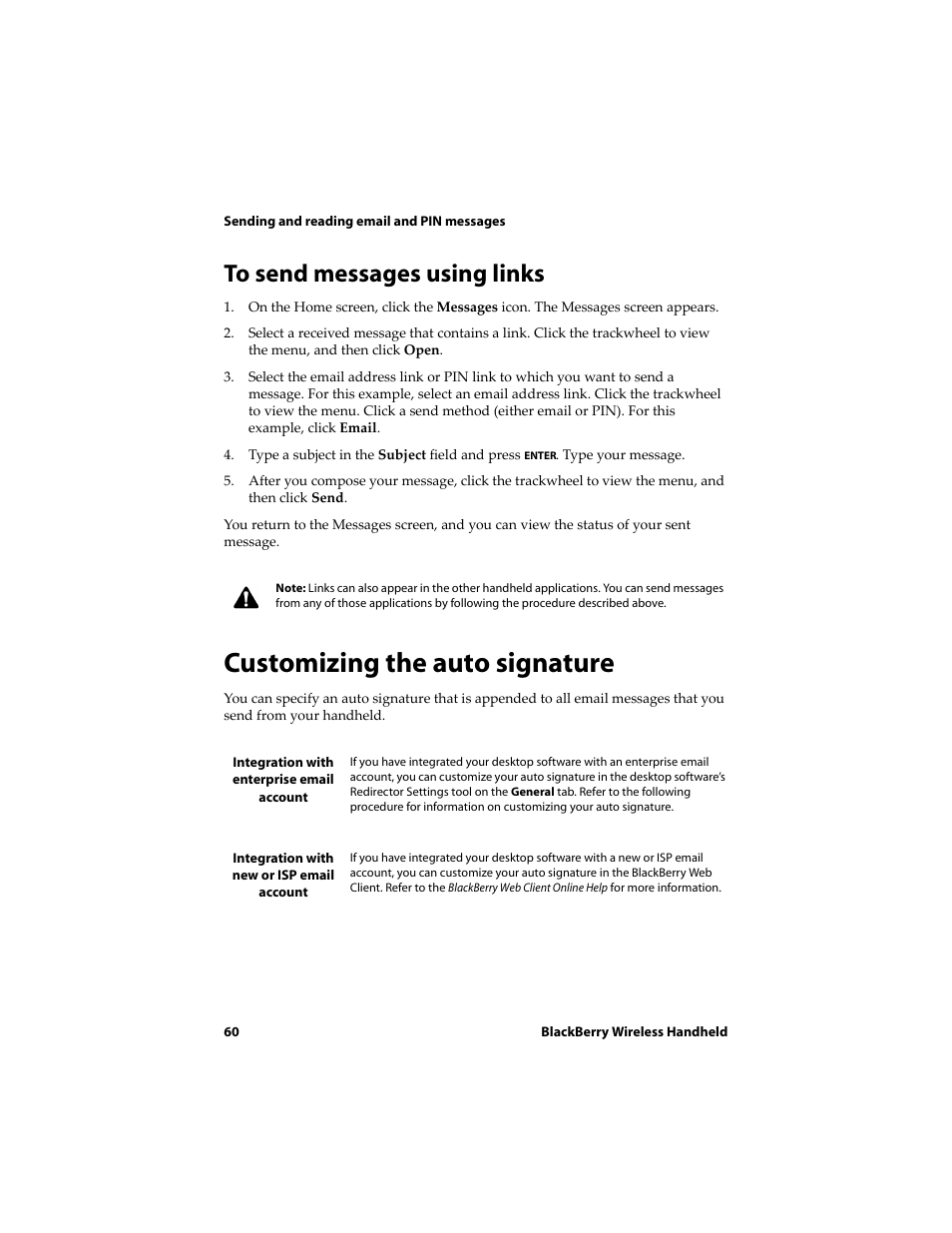 To send messages using links, Customizing the auto signature | Blackberry 6720 User Manual | Page 60 / 277