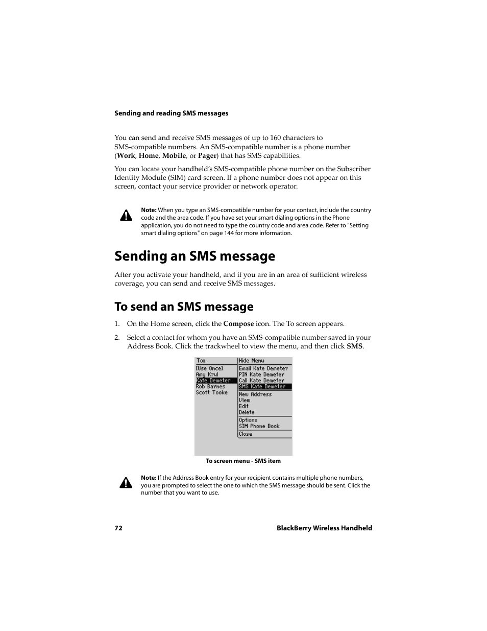 Sending an sms message, To send an sms message | Blackberry 6720 User Manual | Page 72 / 277