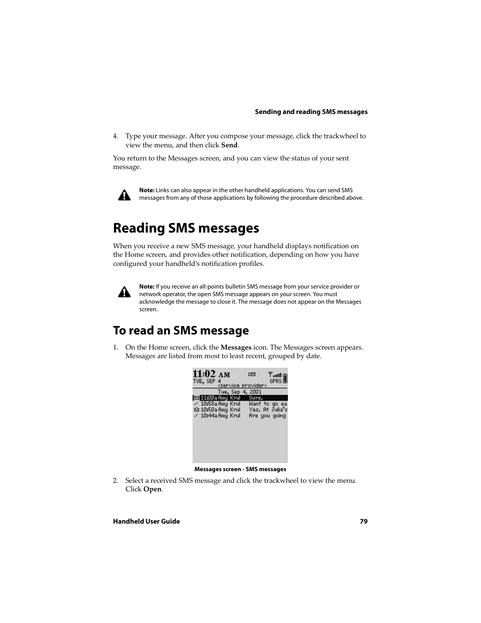 Reading sms messages, To read an sms message | Blackberry 6720 User Manual | Page 79 / 277