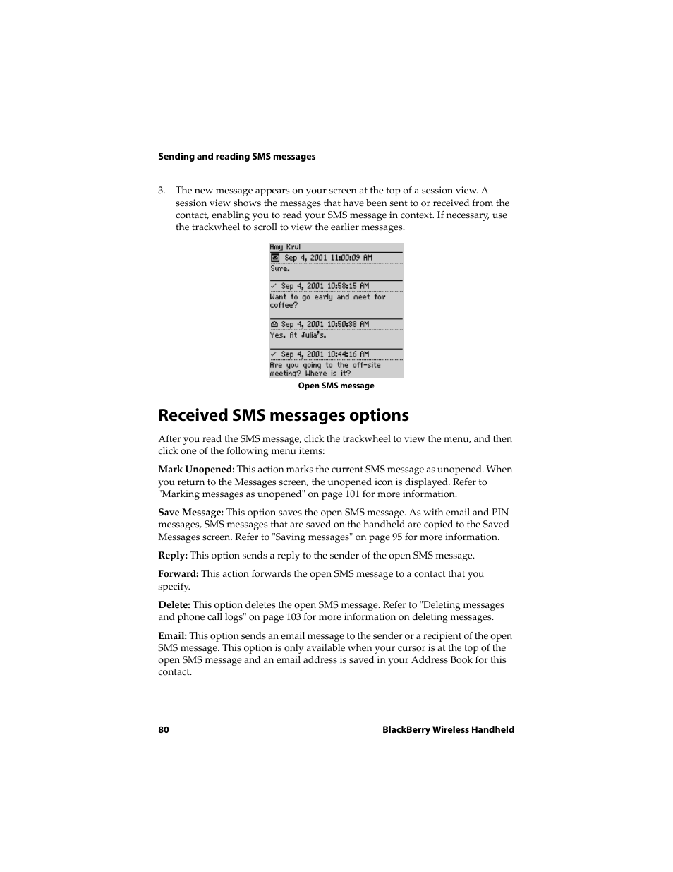 Received sms messages options | Blackberry 6720 User Manual | Page 80 / 277