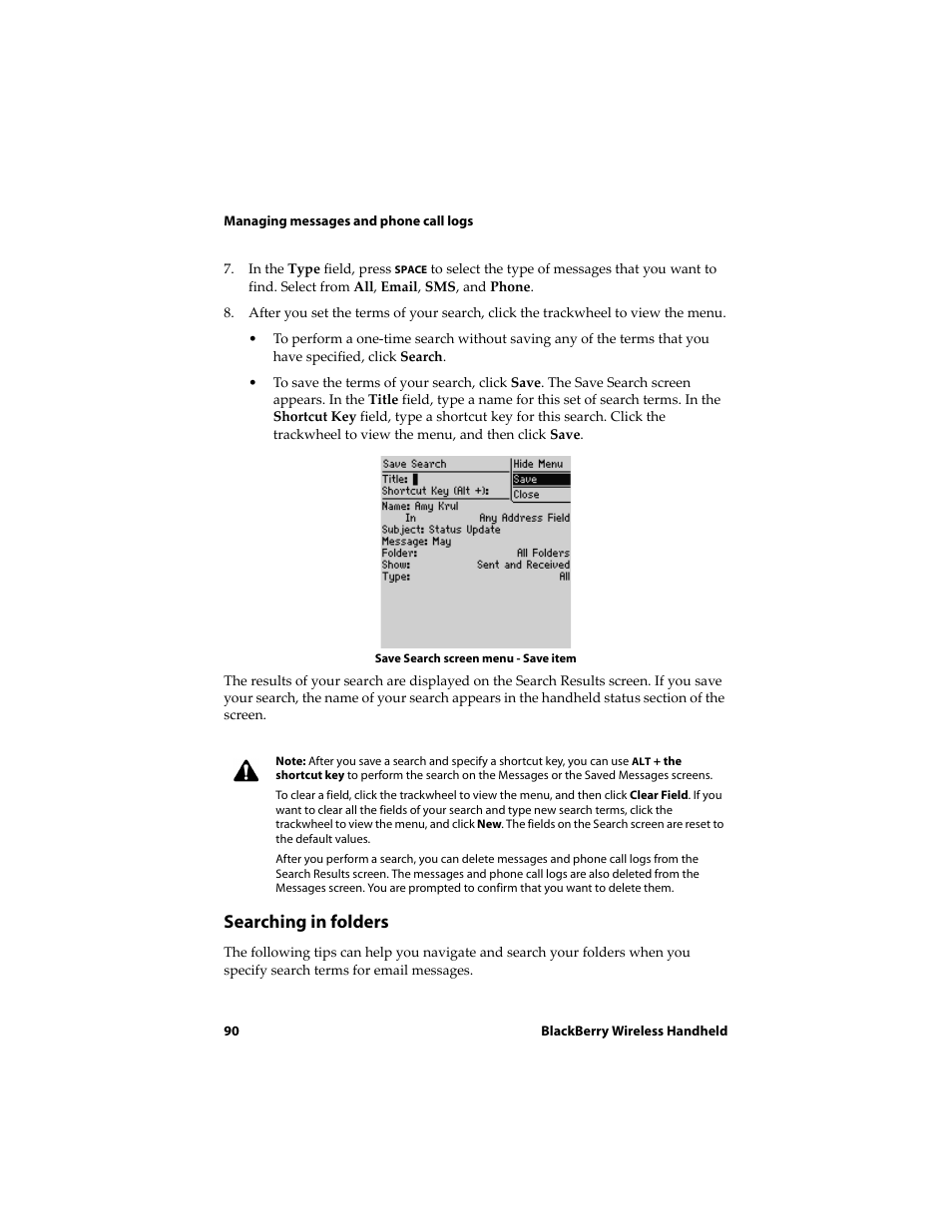 Searching in folders | Blackberry 6720 User Manual | Page 90 / 277