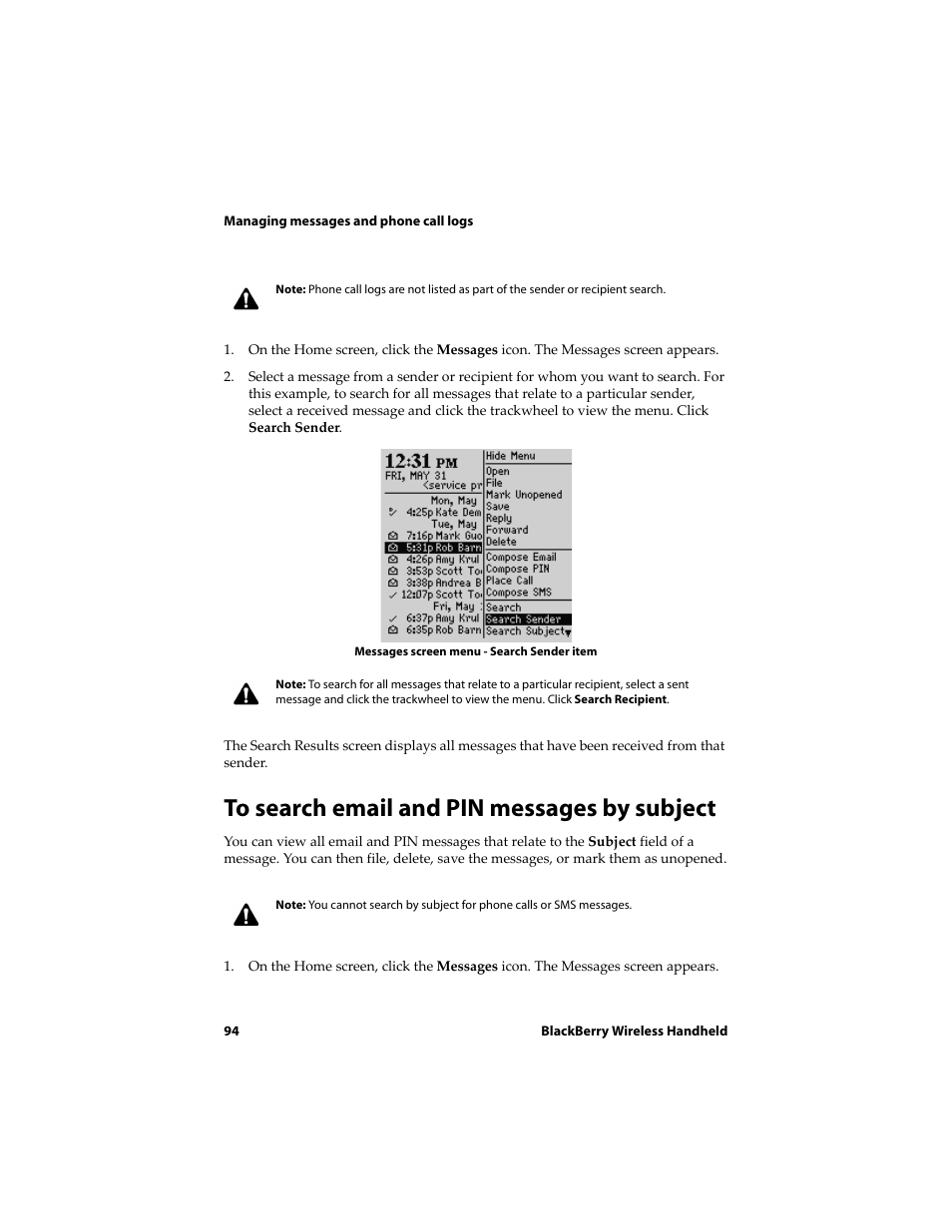 To search email and pin messages by subject | Blackberry 6720 User Manual | Page 94 / 277