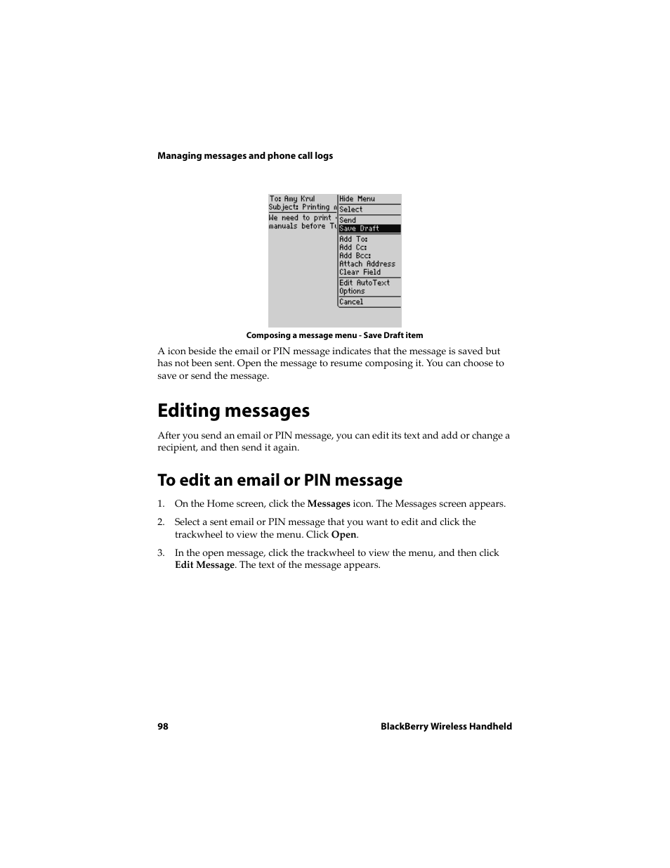 Editing messages, To edit an email or pin message | Blackberry 6720 User Manual | Page 98 / 277