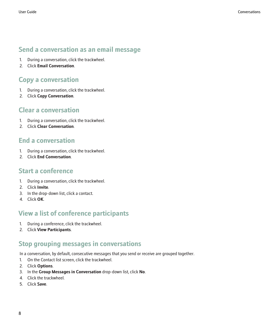 Send a conversation as an email message, Copy a conversation, Clear a conversation | End a conversation, Start a conference, View a list of conference participants, Stop grouping messages in conversations | Blackberry Windows Live Messenger User Manual | Page 10 / 19