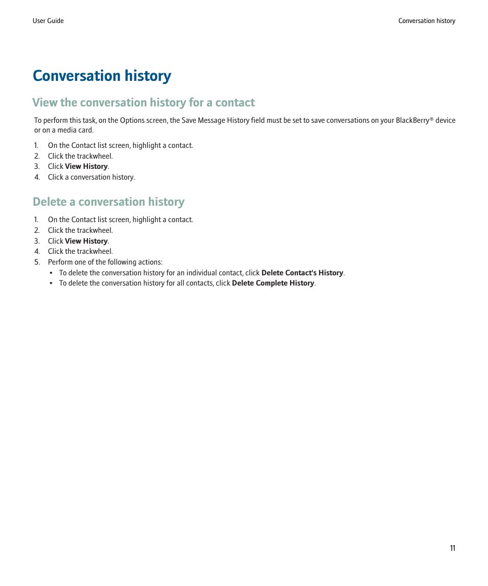 Conversation history, View the conversation history for a contact, Delete a conversation history | Blackberry Windows Live Messenger User Manual | Page 13 / 19