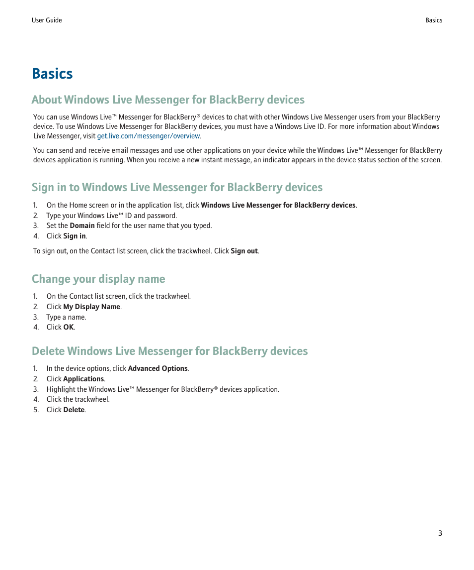 Basics, Change your display name | Blackberry Windows Live Messenger User Manual | Page 5 / 19