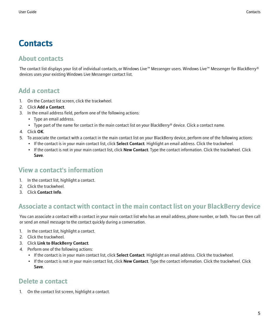 Contacts, About contacts, Add a contact | View a contact's information, Delete a contact | Blackberry Windows Live Messenger User Manual | Page 7 / 19