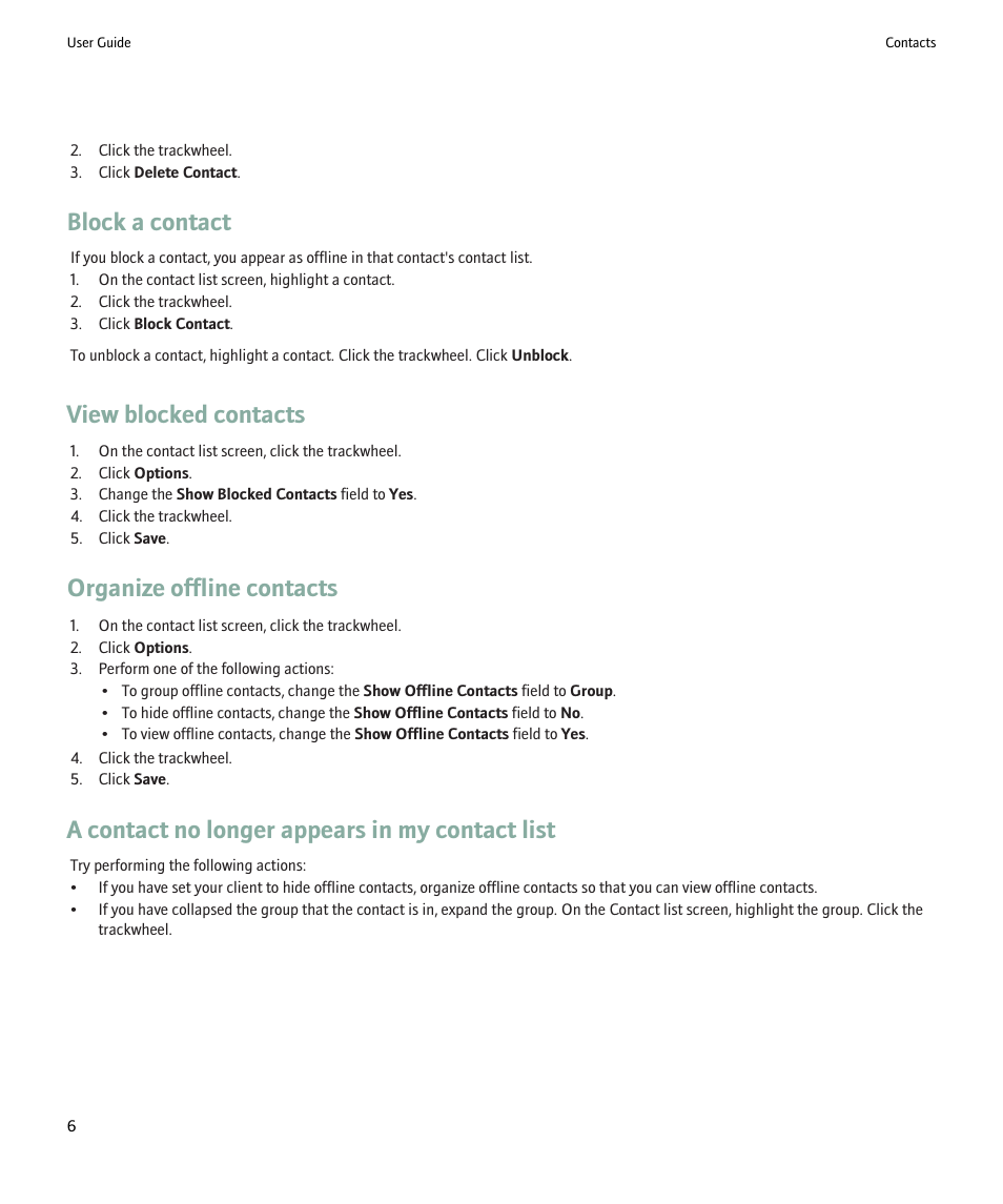 Block a contact, View blocked contacts, Organize offline contacts | A contact no longer appears in my contact list | Blackberry Windows Live Messenger User Manual | Page 8 / 19