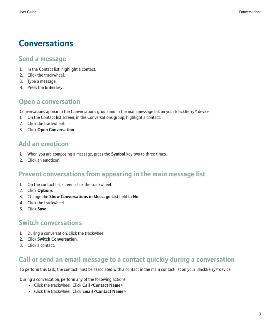 Conversations, Send a message, Open a conversation | Add an emoticon, Switch conversations | Blackberry Windows Live Messenger User Manual | Page 9 / 19