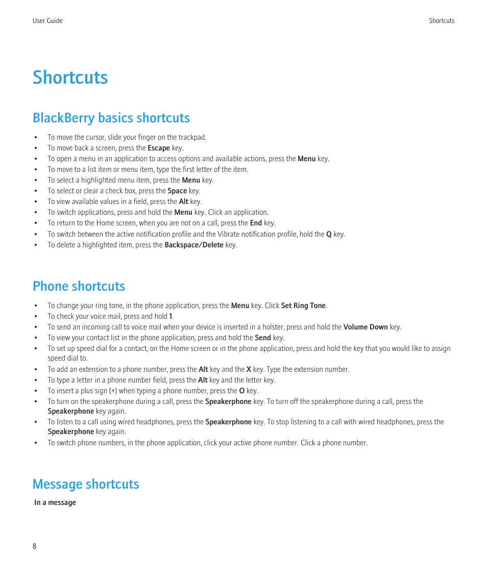 Shortcuts, Blackberry basics shortcuts, Phone shortcuts | Message shortcuts | Blackberry Curve 8520 User Manual | Page 10 / 278