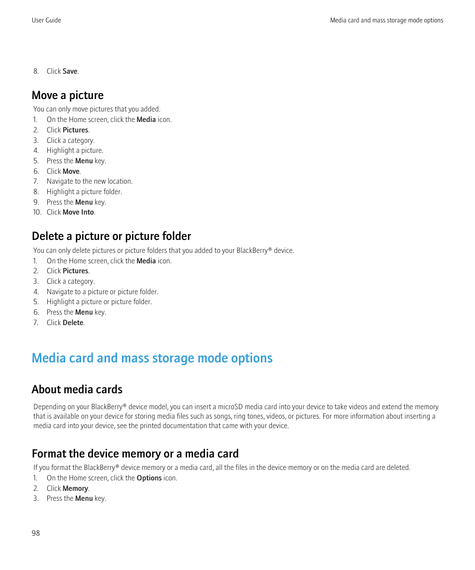 Media card and mass storage mode options, Move a picture, Delete a picture or picture folder | About media cards | Blackberry Curve 8520 User Manual | Page 100 / 278