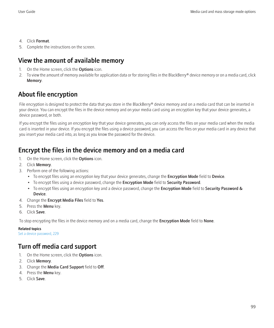 About file encryption, Turn off media card support | Blackberry Curve 8520 User Manual | Page 101 / 278