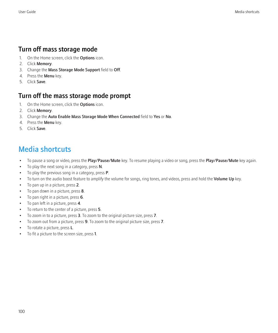 Media shortcuts, Turn off mass storage mode, Turn off the mass storage mode prompt | Blackberry Curve 8520 User Manual | Page 102 / 278