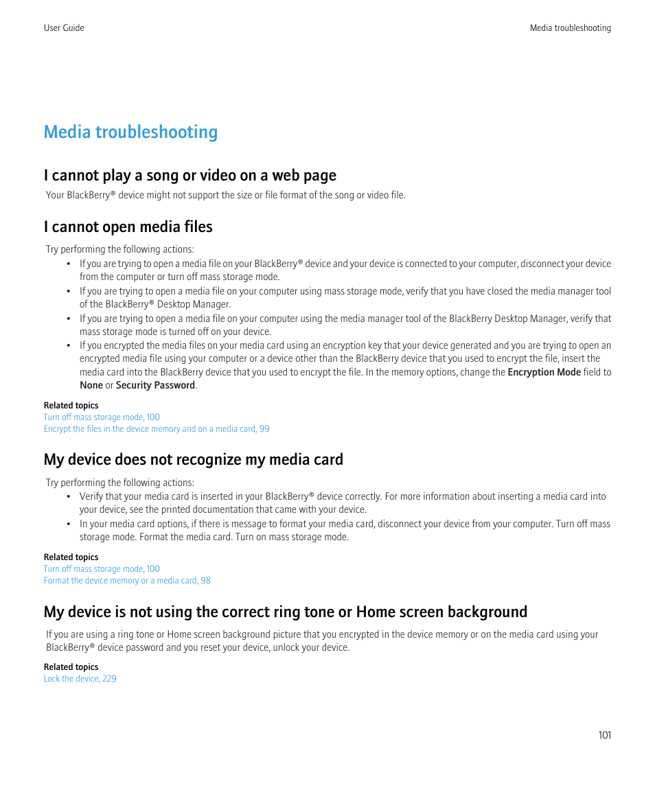 Media troubleshooting, I cannot play a song or video on a web page, I cannot open media files | My device does not recognize my media card | Blackberry Curve 8520 User Manual | Page 103 / 278