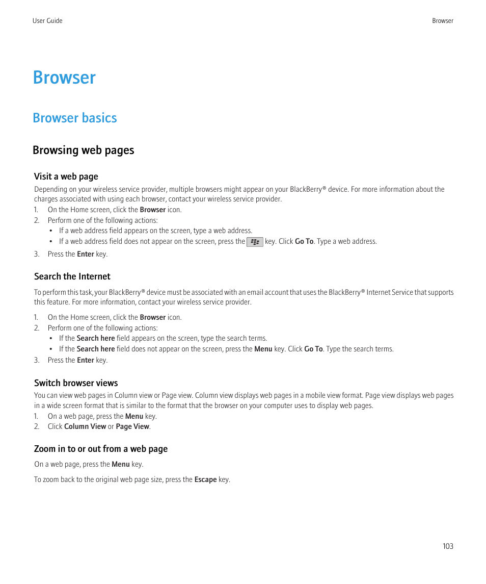 Browser, Browser basics, Browsing web pages | Blackberry Curve 8520 User Manual | Page 105 / 278