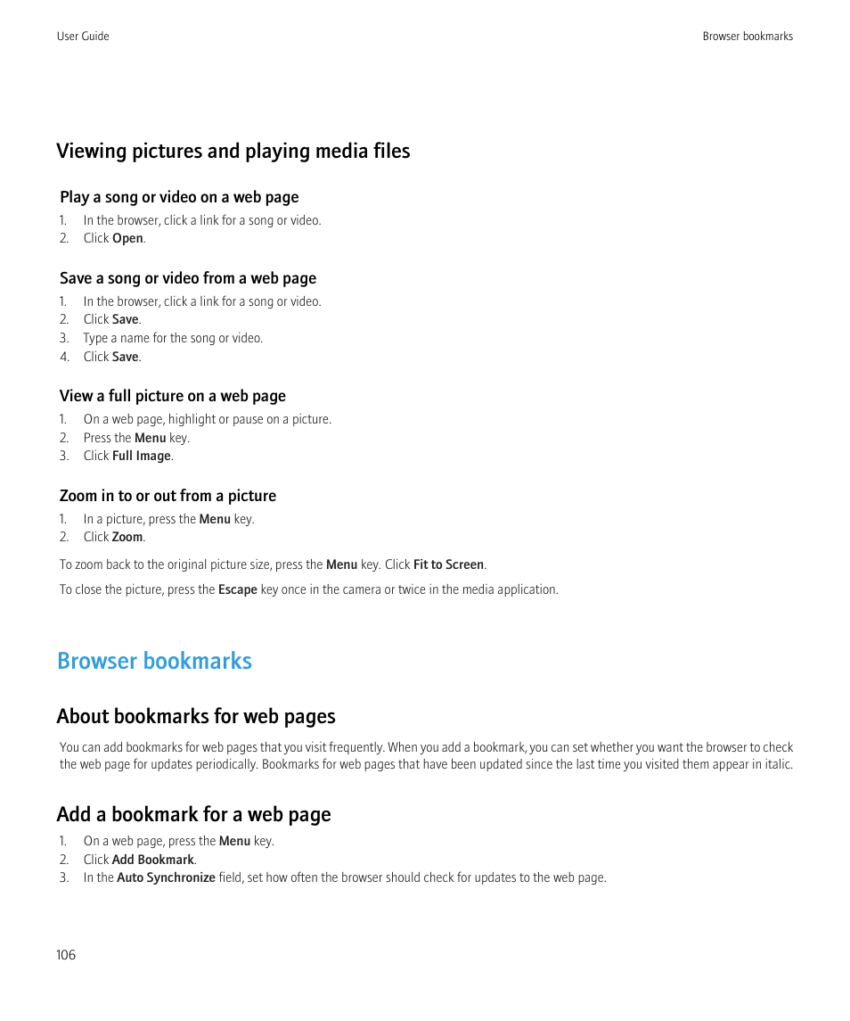 Browser bookmarks, Viewing pictures and playing media files, About bookmarks for web pages | Add a bookmark for a web page | Blackberry Curve 8520 User Manual | Page 108 / 278