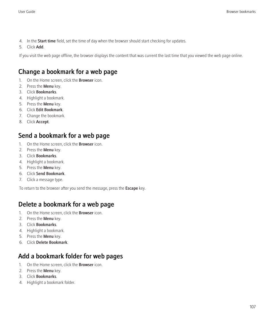 Change a bookmark for a web page, Send a bookmark for a web page, Delete a bookmark for a web page | Add a bookmark folder for web pages | Blackberry Curve 8520 User Manual | Page 109 / 278