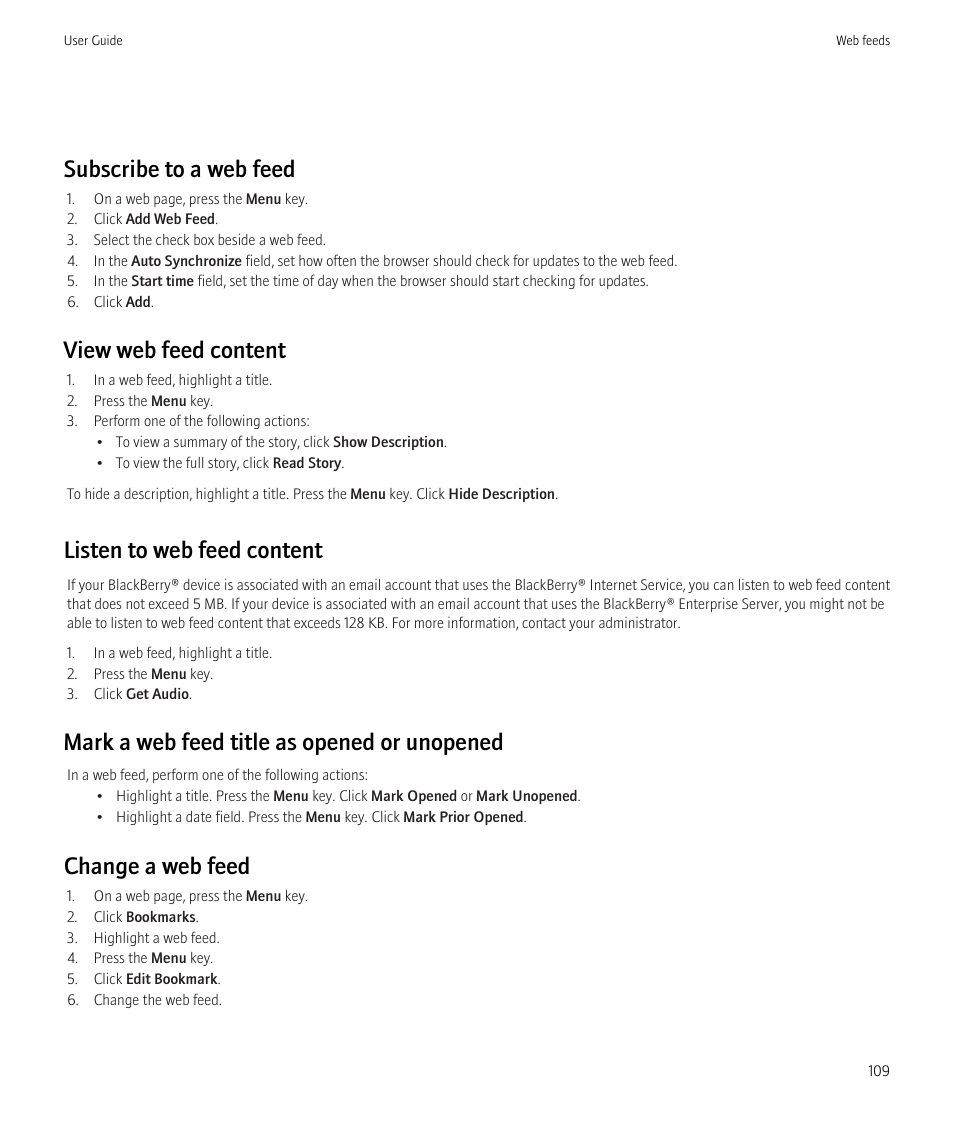 Subscribe to a web feed, View web feed content, Listen to web feed content | Mark a web feed title as opened or unopened, Change a web feed | Blackberry Curve 8520 User Manual | Page 111 / 278