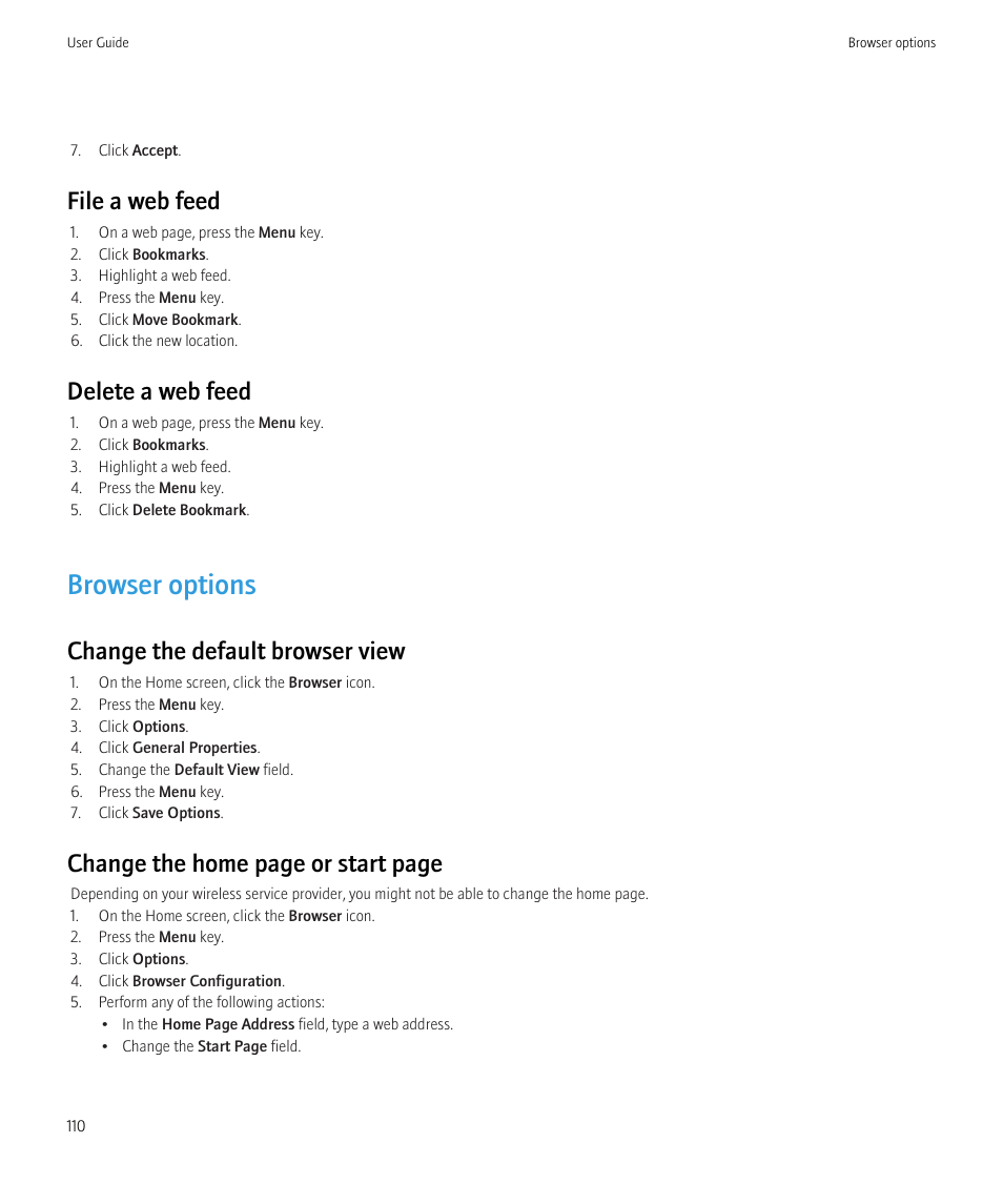 Browser options, File a web feed, Delete a web feed | Change the default browser view, Change the home page or start page | Blackberry Curve 8520 User Manual | Page 112 / 278