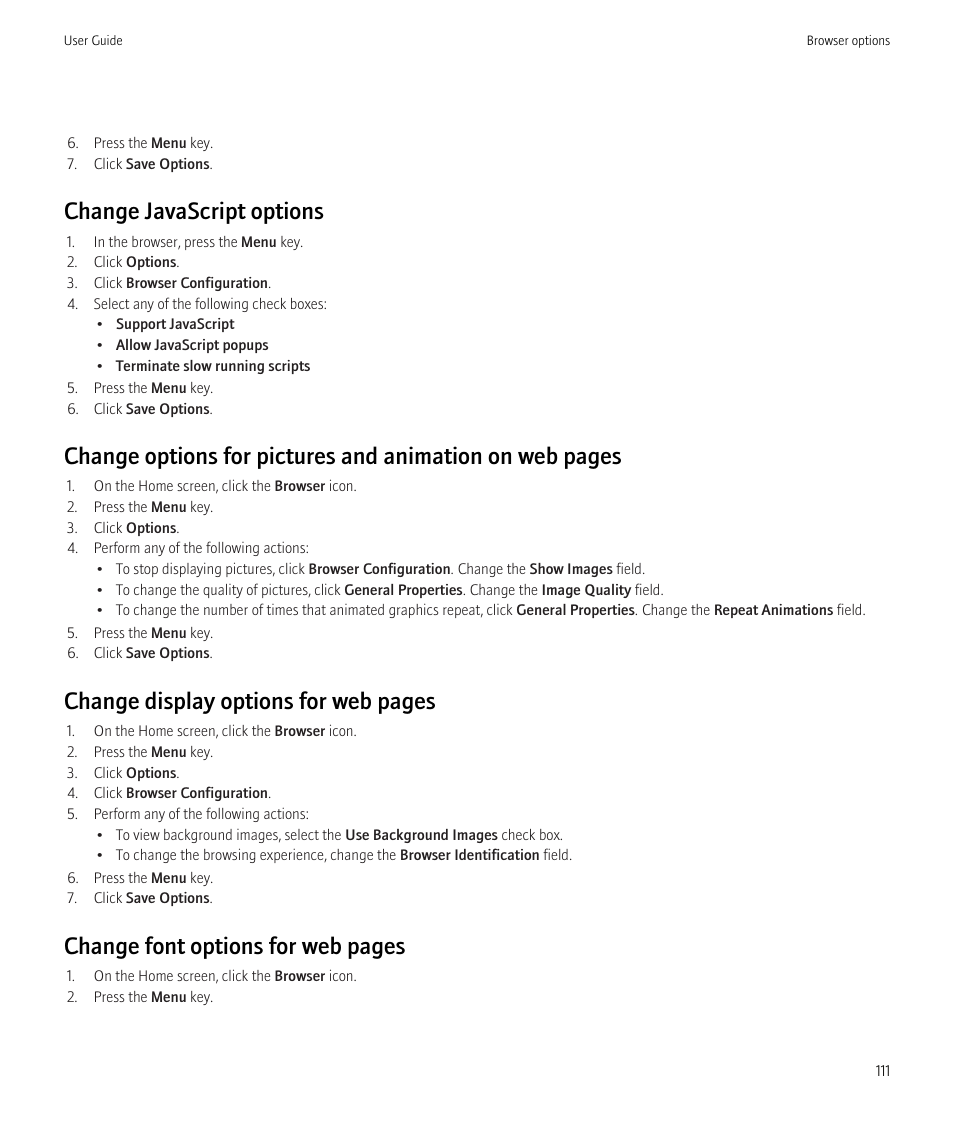 Change javascript options, Change display options for web pages, Change font options for web pages | Blackberry Curve 8520 User Manual | Page 113 / 278