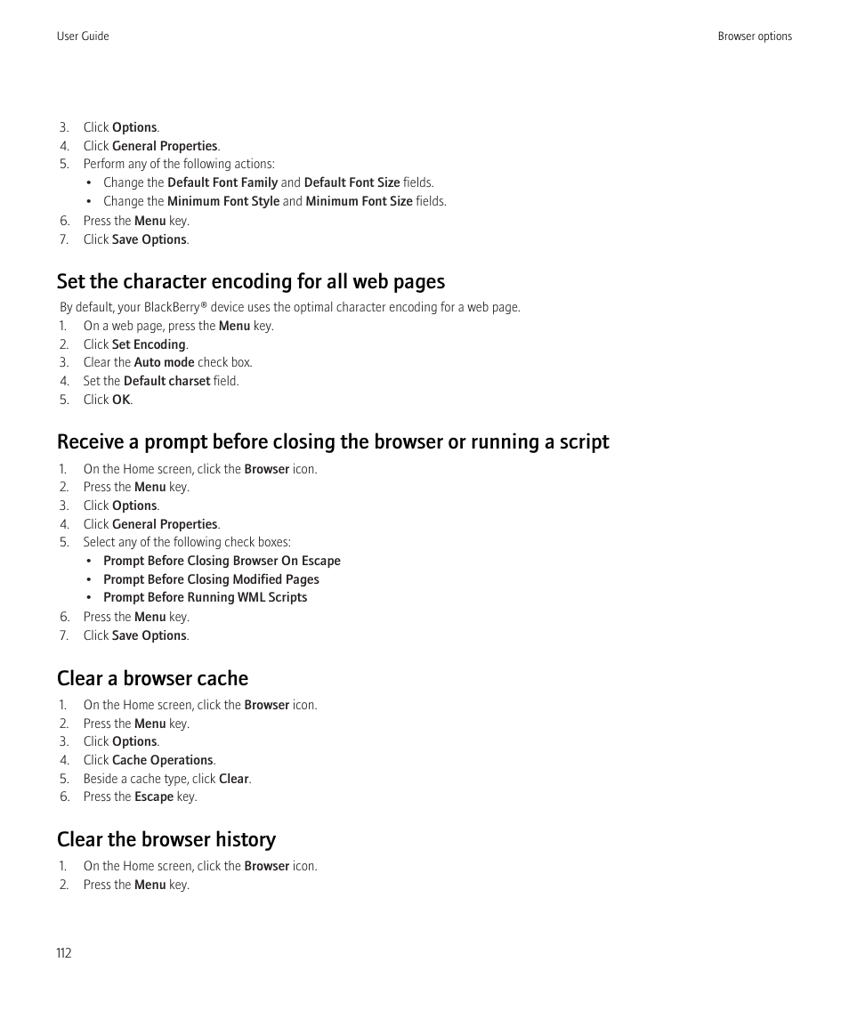 Set the character encoding for all web pages, Clear a browser cache, Clear the browser history | Blackberry Curve 8520 User Manual | Page 114 / 278