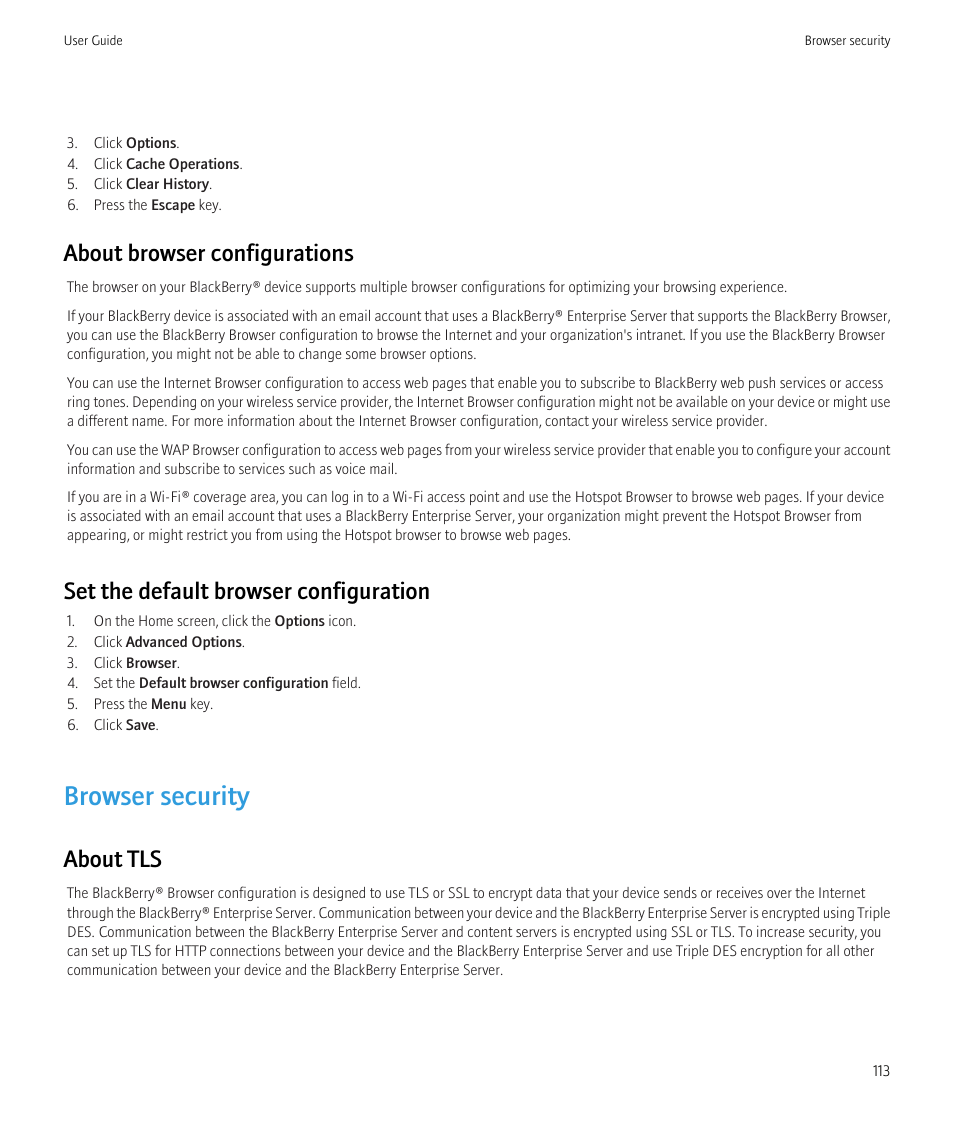 Browser security, About browser configurations, Set the default browser configuration | About tls | Blackberry Curve 8520 User Manual | Page 115 / 278