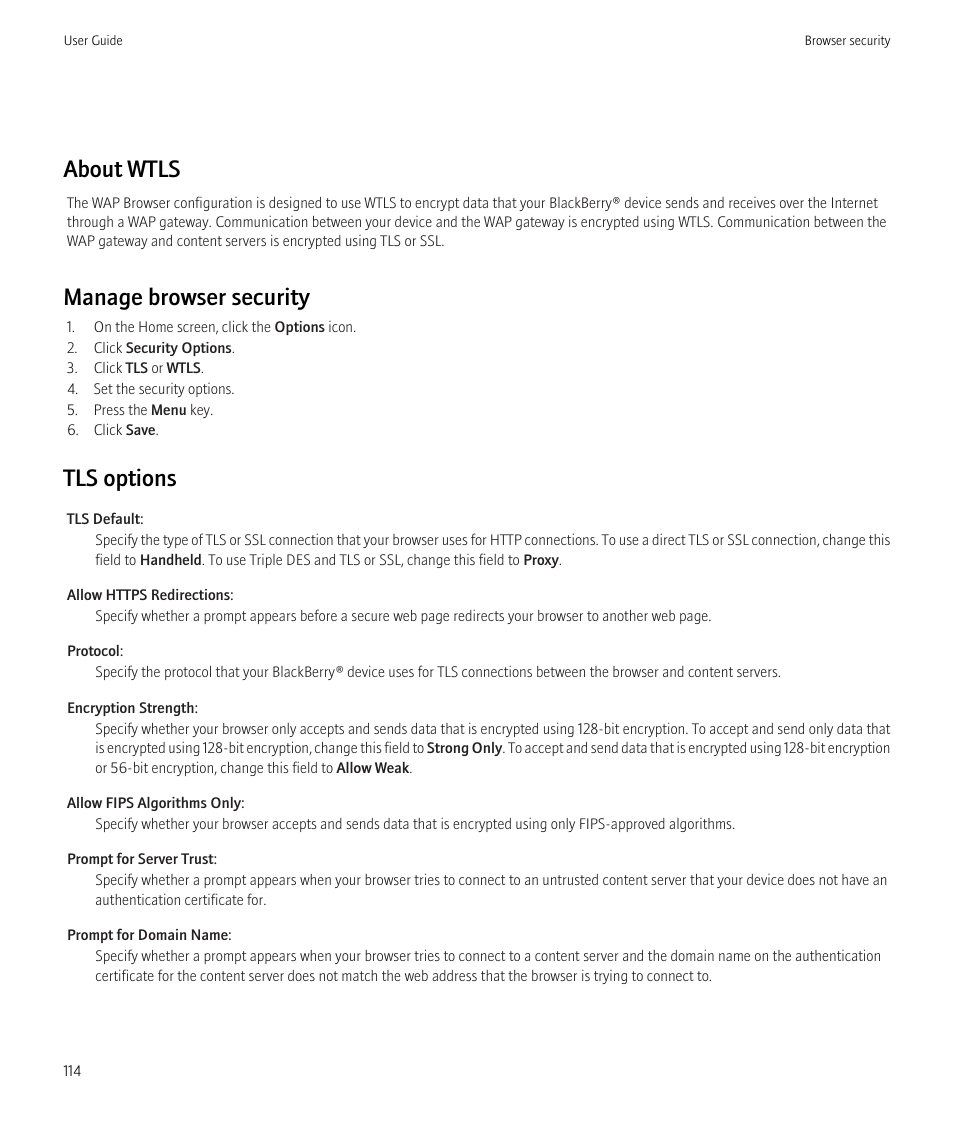 About wtls, Manage browser security, Tls options | Blackberry Curve 8520 User Manual | Page 116 / 278