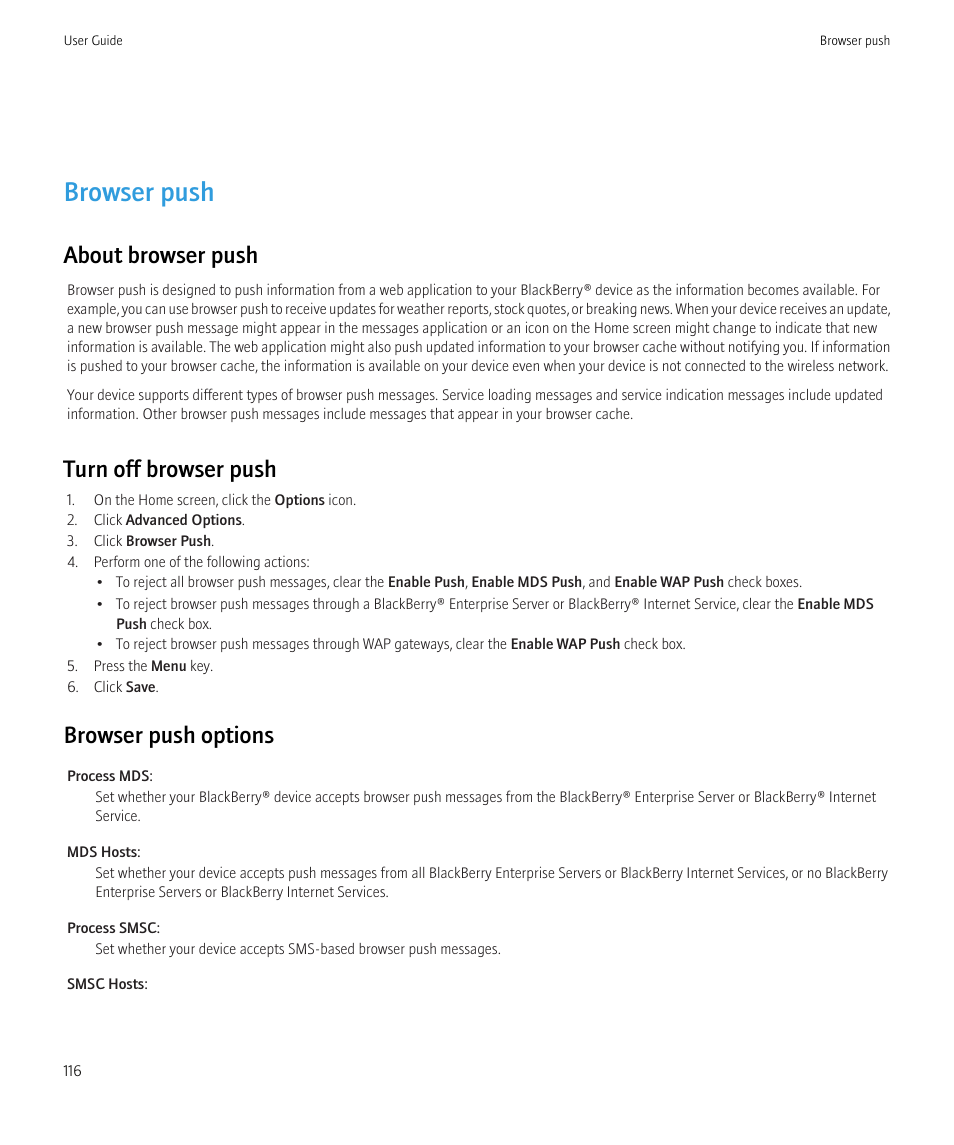 Browser push, About browser push, Turn off browser push | Browser push options | Blackberry Curve 8520 User Manual | Page 118 / 278