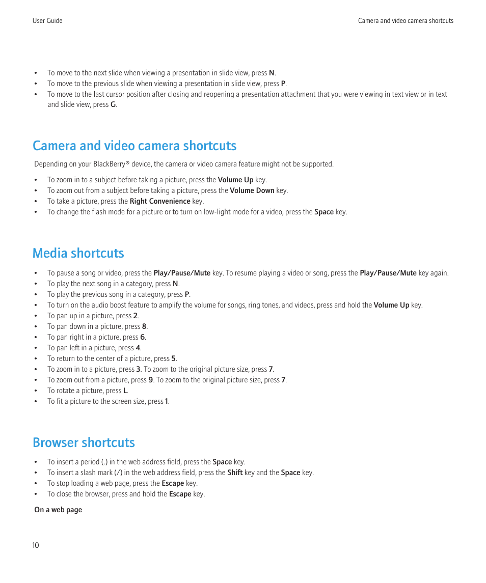 Camera and video camera shortcuts, Media shortcuts, Browser shortcuts | Blackberry Curve 8520 User Manual | Page 12 / 278