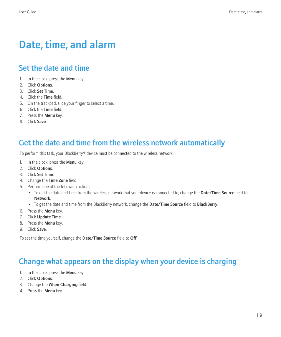 Date, time, and alarm, Set the date and time | Blackberry Curve 8520 User Manual | Page 121 / 278