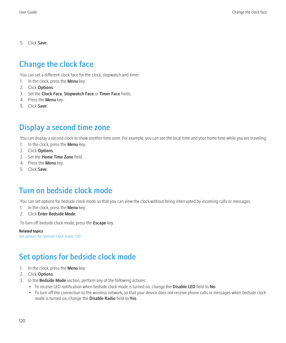 Change the clock face, Display a second time zone, Turn on bedside clock mode | Set options for bedside clock mode | Blackberry Curve 8520 User Manual | Page 122 / 278